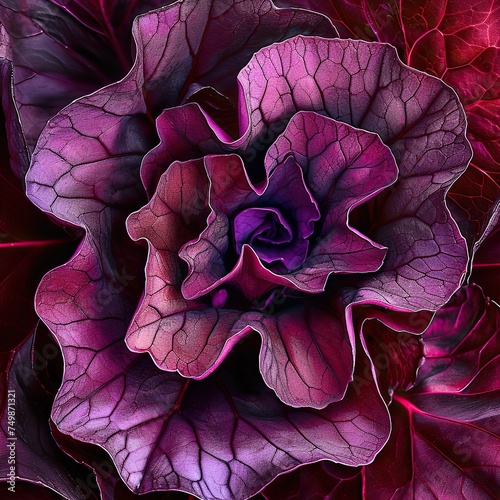 Fresh red cabbage as a background. Close-up. Nature. A close-up photograph showcasing the intricate leaves of radicchio forming a captivating rosette. The deep purples and reds. photo