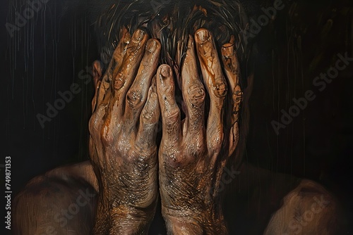 Scary woman with hands covering her face in fear and horror concept. A close-up portrait of a person covering their face with their hands, conveying a sense of shame or discomfort. photo