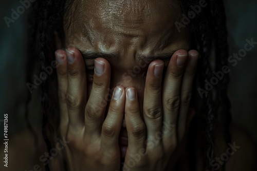Scary woman with hands covering her face in fear and horror concept. A close-up portrait of a person covering their face with their hands, conveying a sense of shame or discomfort.