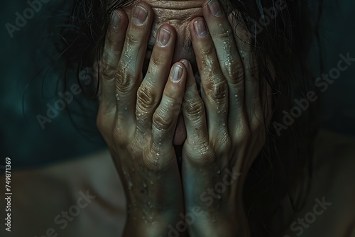 Scary woman with hands covering her face in fear and horror concept. A close-up portrait of a person covering their face with their hands  conveying a sense of shame or discomfort.