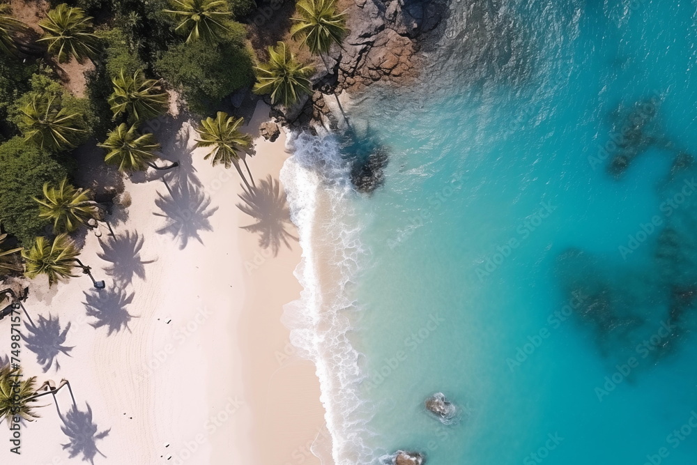 Island Paradise - Palm trees hanging over a sandy white beach with stunning blue waters. View from above