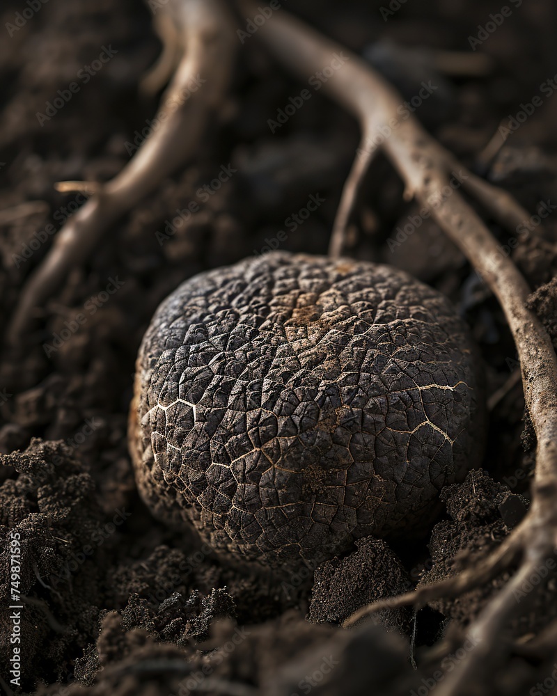 A close-up showcasing the exquisite texture and earthy tones of a freshly unearthed black truffle, nestled among rich soil and roots. The play of natural light accentuates the intricate patterns. A close-up showcasing the exquisite texture and earthy tones of a freshly unearthed black truffle, nestled among rich soil and roots. The play of natural light accentuates the intricate patterns.