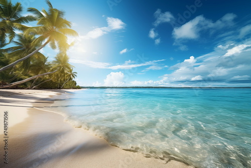 Island Paradise - Palm trees hanging over a sandy white beach with stunning blue waters © decorator
