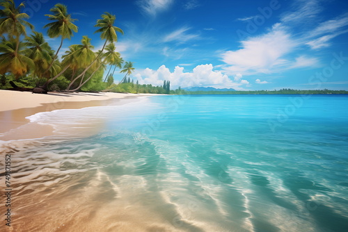 Island Paradise - Palm trees hanging over a sandy white beach with stunning blue waters © decorator
