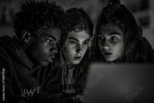 Three high school teens huddled in front of a laptop their faces illuminated by the screen as they focus intensely captured in a candid documentary photography style photo