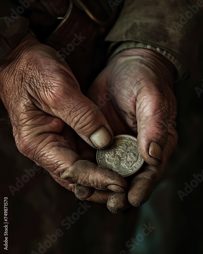 Hands of an old beggar holding a coin in his hands. A close-up of weathered hands delicately holding a recovered ancient coin, emphasizing the tactile connection between the treasure hunters.