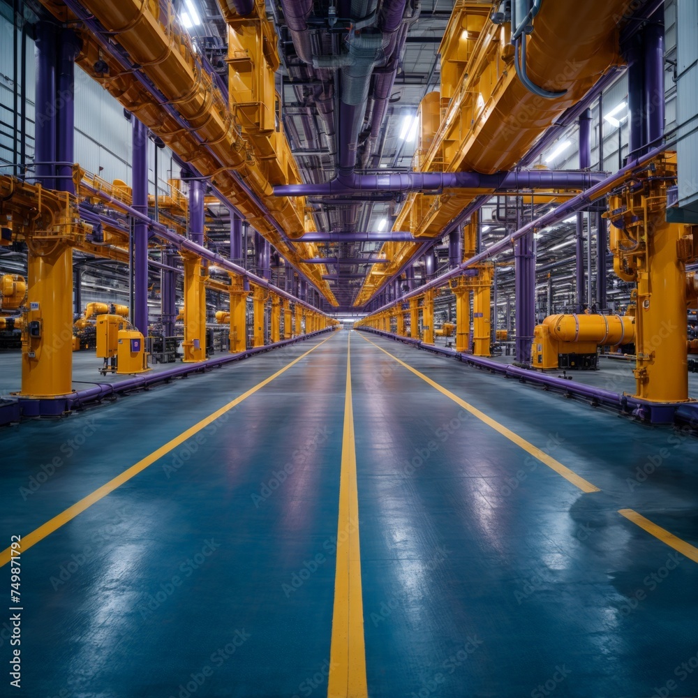 Yellow pipelines displayed symmetrically in a new industrial location Yellow pipelines displayed symmetrically in a new industrial location