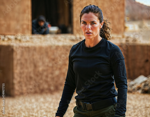 photo of beautiful woman as a undercover agent wearing black long sleeve shirt and tactical pant, generative AI