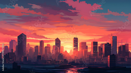 A vector illustration of a modern skyline at sunset.