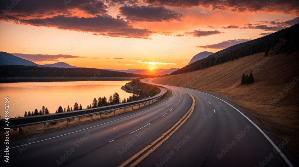 Swervy road beside tranquil lake under fiery sunset sky 