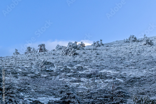 snowy landscapes of Puerto de Cotos in the Sierra de Guadarrama in Madrid in the month of February 2024