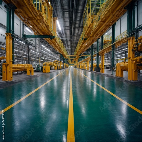 Symmetrical view of yellow pipes in a current industrial site 