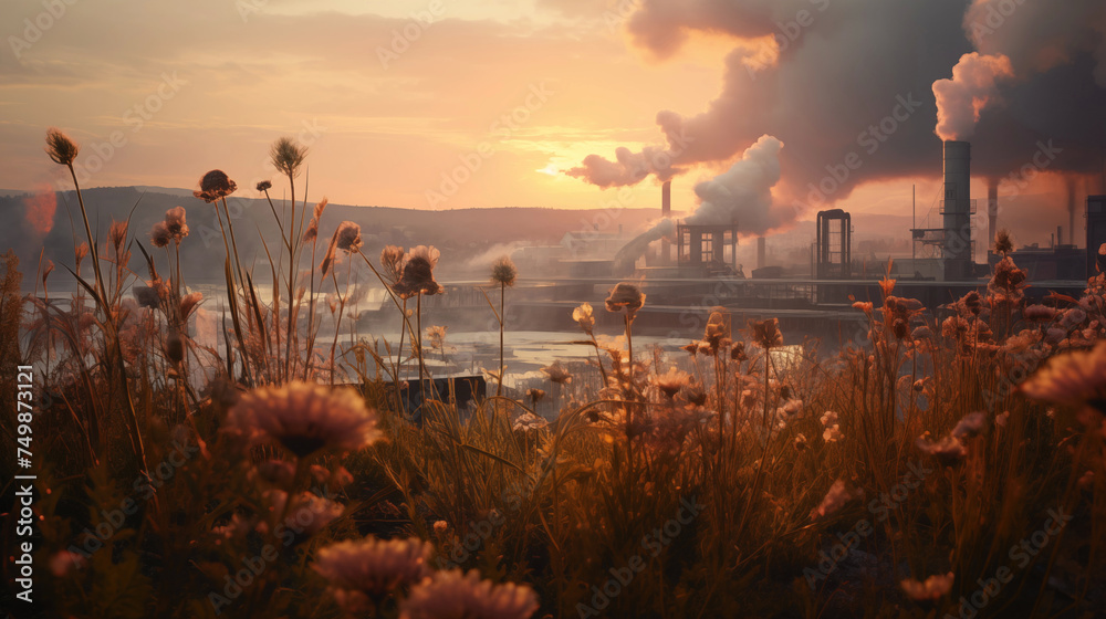 Wildflowers and plant polluting the air in the background at sunset. Concept of man and nature. Ecological problems