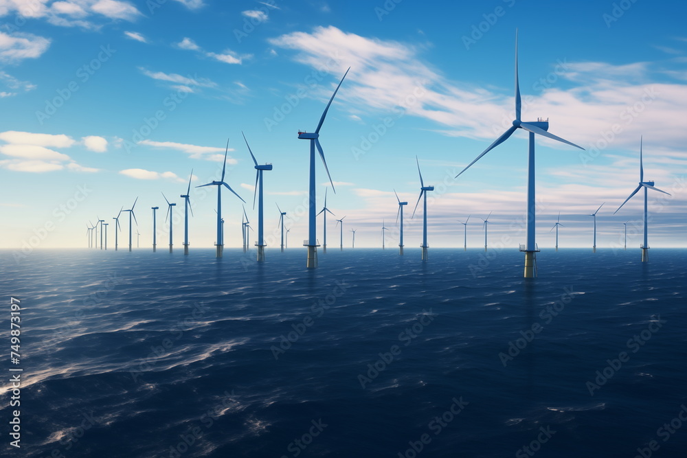 Wind turbine generating electricity on sea. Wind power plant at sea. Ecological energy
