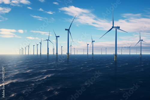 Wind turbine generating electricity on sea. Wind power plant at sea. Ecological energy