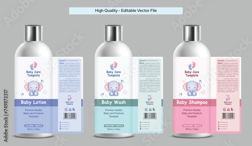 Baby care product label template design, baby shampoo label design, baby care lotion packaging, baby wash label design template download editable vector file illustration photo