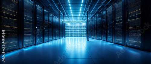 Tech-forward data warehouse illuminated with serene blue light 