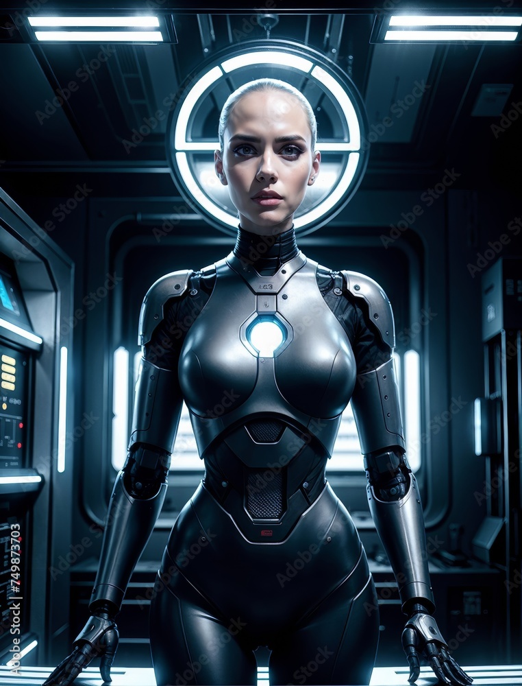 An android girl, in the middle of a technology room. Standing in the centre of the room with her arms along her body. For the poster. An android girl, in the middle of a technology room. Standing in the centre of the room with her arms along her body. For the poster.