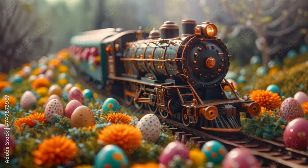 Easter eggs adorning an old-fashioned train through the countryside