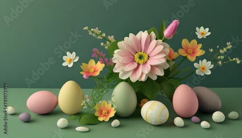 simple easter concept minimalistic flower and eggs arrangement on a green background