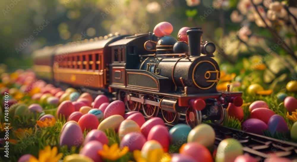 Easter eggs adorning an old-fashioned train through the countryside