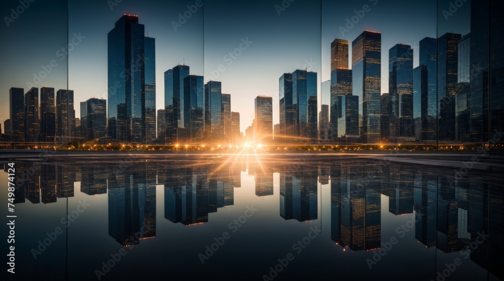 The sunset casts a radiant glow on the urban skyscrapers' mirrored facade 