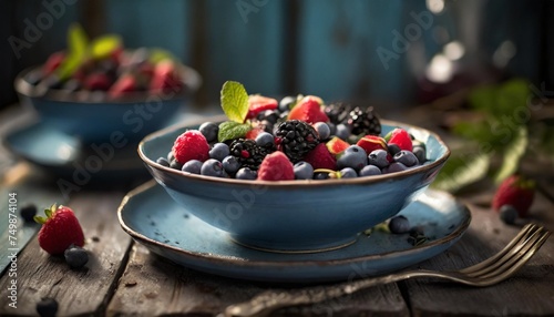 fresh berry salad on blue dishes vintage wooden background