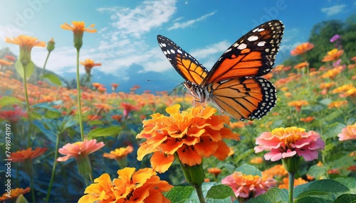 beautiful field meadow flowers and fluttering painted lady butterflies on sunny day orange lantana flowers against blue sky on sunny day morning green grass in sunlight landscape close up delight