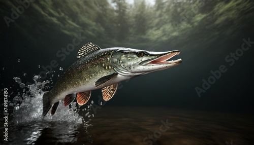 freshwater pike fish esox lucius jumping out of water photo