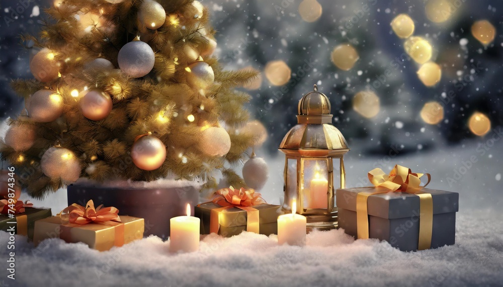christmas and new year holidays background christmas tree gifts and candles on the snow