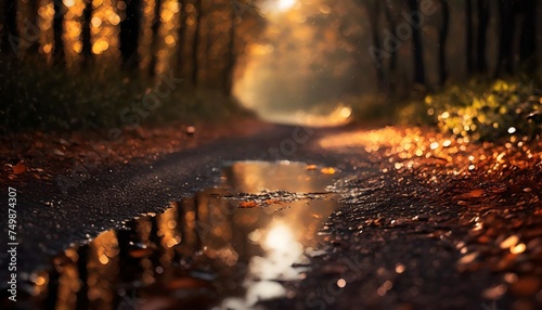 puddle on a dirt road in the autumn forest