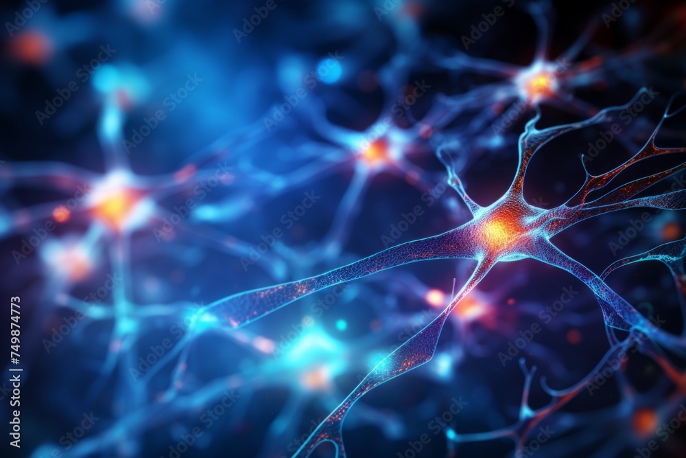 Neuron cells neural network under microscope neuro research science brain signal information transfer human neurology mind mental impulse biology anatomy microbiology intelligence connection system