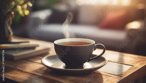 close up warm black tea cup on wooden table in living room relax with tea time concept