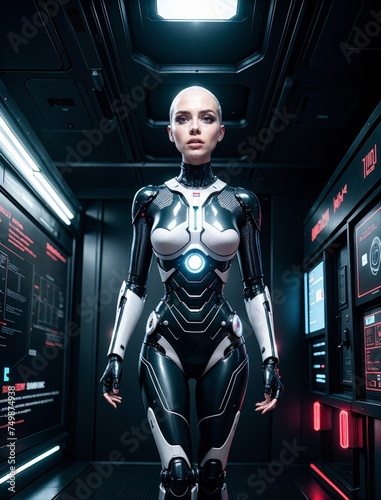 An android girl, in the middle of a technology room. Standing in the centre of the room with her arms along her body. For the poster. © Артем Шостак