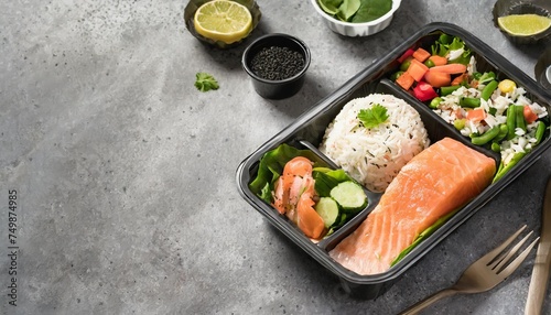 healthy lunch with fresh salad rice and salmon in plastic free food container on grey concrete kitchen table food developing eco friendly packaging top view with copy space