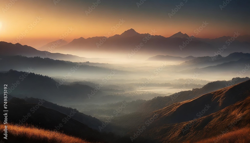 panorama view of beautiful sunrise over the misty valley and dar