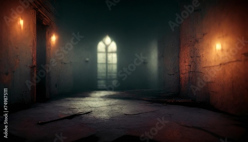 empty dark room with old and damaged walls night scene with neon light halloween scary background