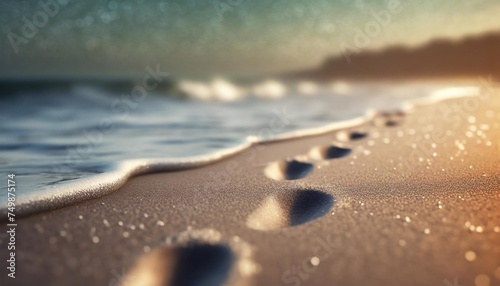 footprints on sea beach sand with wave foam