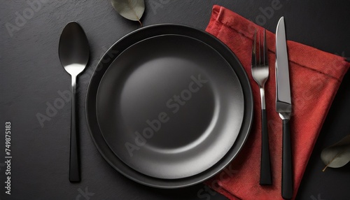 empty black plates with black cutlery and red napkin on black table top view