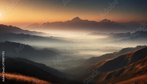 panorama view of beautiful sunrise over the misty valley and dar © Kendrick