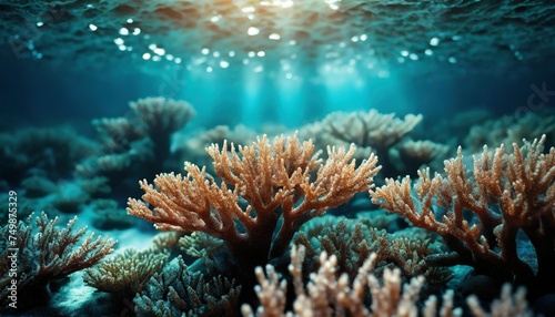 beautiful scenery of underwater coral reefs shining in the sunlight from the sky the concept of ecology
