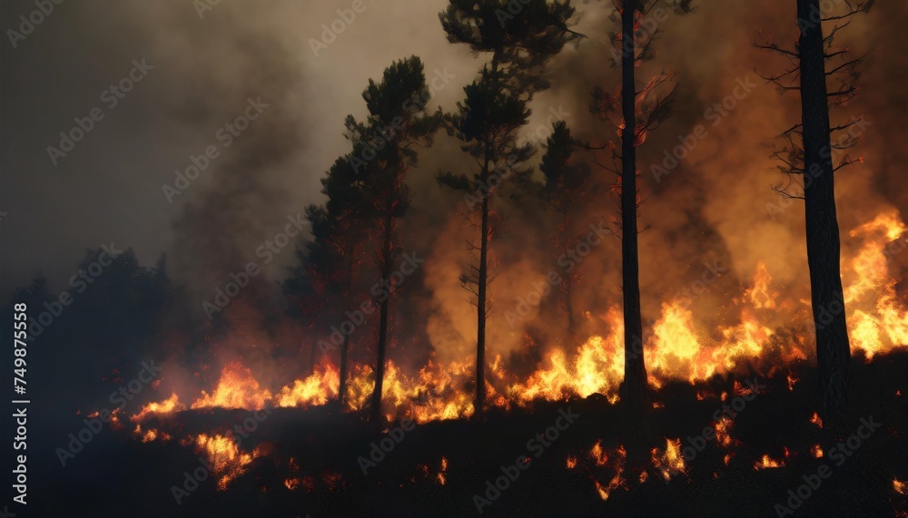 forest fire burning with a lot of smoke at night wildfire heatwave causes forest burning rapidly and destroyed natural calamity pine trees burned during the dry season natural disaster
