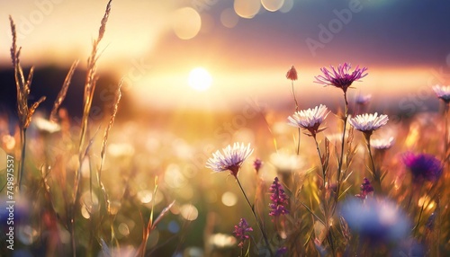 banner with beautiful meadow with wild flowers over sunset sky beauty nature field background with sun flare bokeh silhouettes of wild grass and flower beautiful summer or autumn nature backdrop