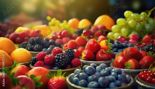 various fresh fruits and berries at farmers market