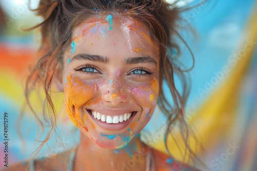 Devali holiday. India holiday happy woman showing a big smile with paint on her face in a closeup shot