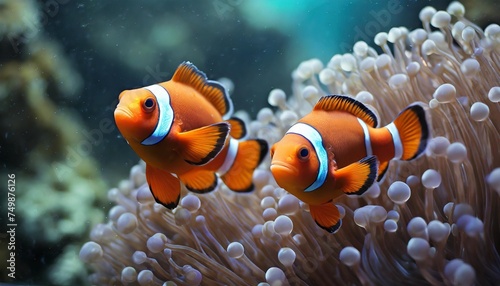 two orange clownfish swimming in aquarium underwater diving and vivid tropical fish hidding in bubble tip anemone real sea life © Kendrick
