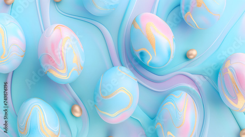 Lots of colorful vivid holographic neon Easter eggs are laid full of the entire area of image on a gradient pastel background. blue color tone.
