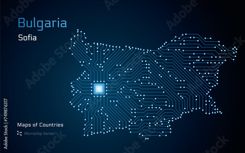 Bulgaria Map with a capital of Sofia Shown in a Microchip Pattern with processor. E-government. World Countries vector maps. Microchip Series 