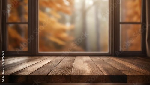 empty wood table top on blur curtained autumn window background