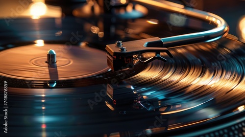 Close-up of a vinyl record player needle on a spinning record, depicting the classic audio experience with a modern twist in high fidelity - AI generated.